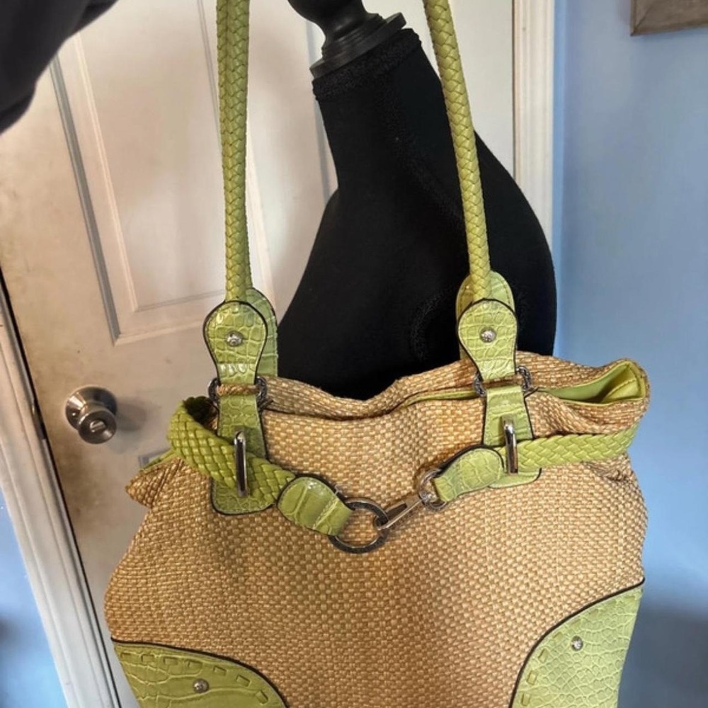 Y2K boho hippie shoulder bag green beige tweed